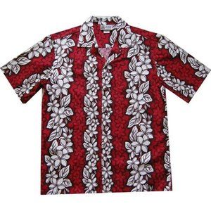 Men's Aloha Republic Floral‎ Leis Red Hawaiian Button Up Short Sleeves Shirt